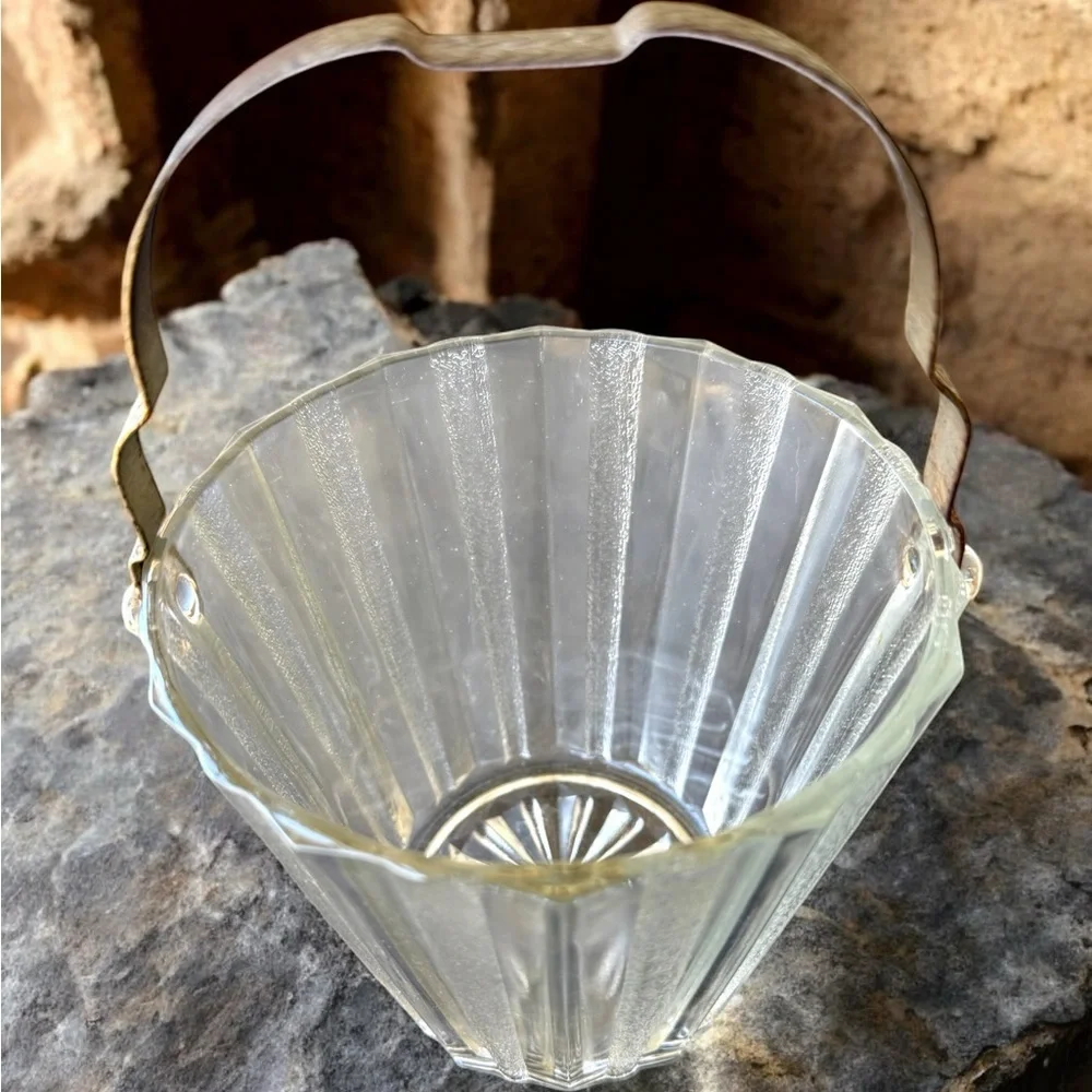 Vintage Heller Elegant Glass Ice Bucket Clear Textured w/ Metal Handle